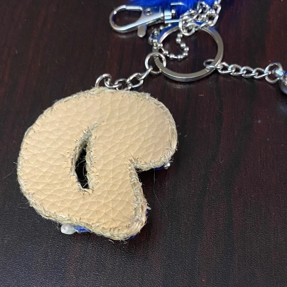 Leather D Vibrant blue Pom pom Keychain Purse charm
